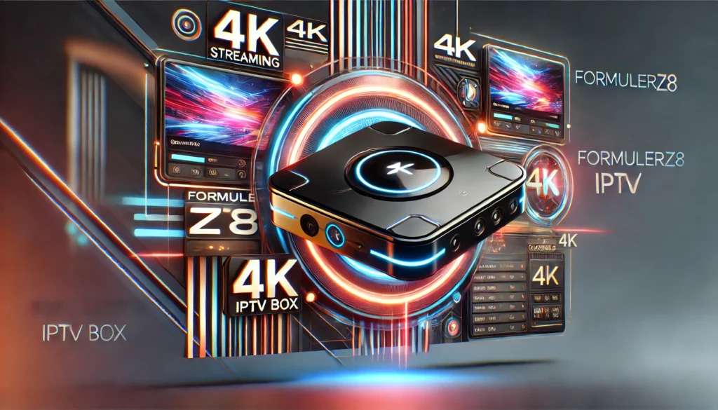 A sleek and modern thumbnail design for the FormulerZ8 IPTV box. The image features a close-up of the FormulerZ8 device with a background that include